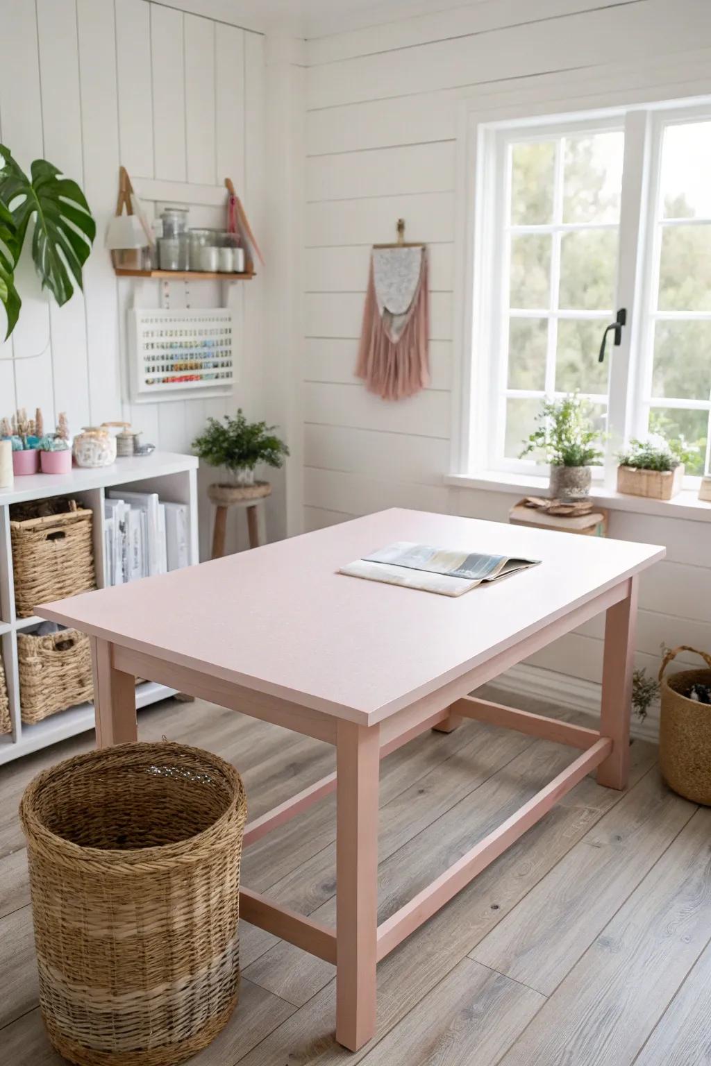 Elevate your creativity with a charming pink craft table in a minimalist setting. #CraftRoomGoals