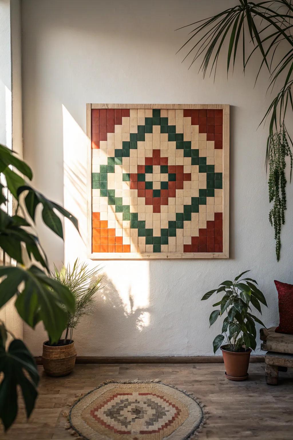 Elevate your space with the bold simplicity of geometric pixel art. A perfect blend of minimalist aesthetics and boho warmth.
