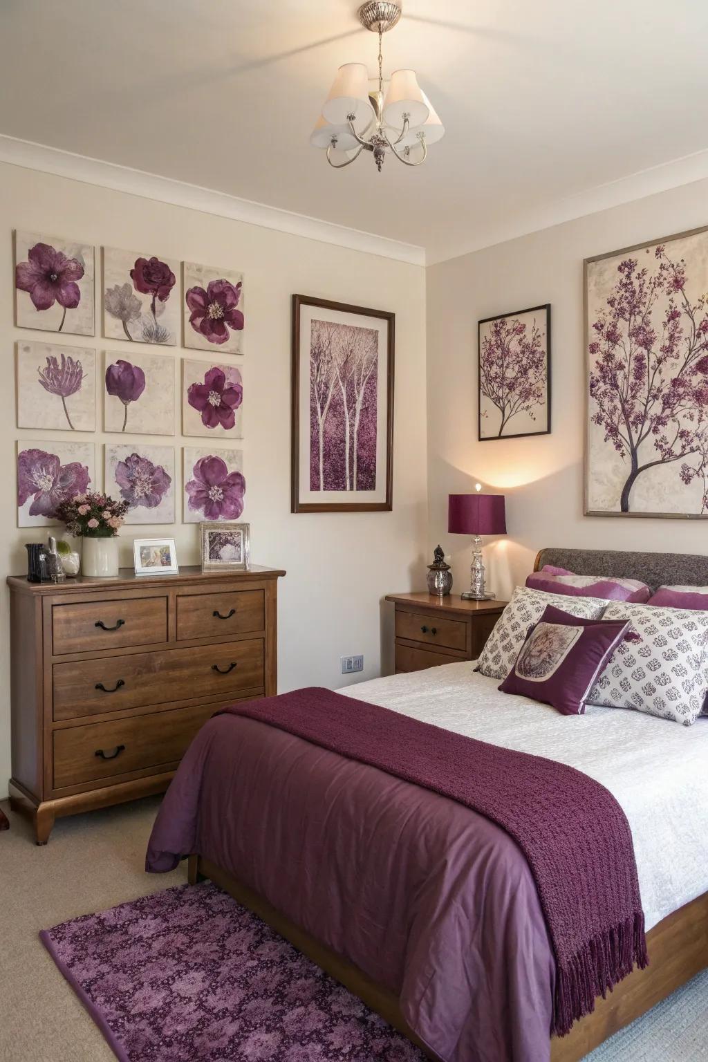 Plum artwork that complements the room's color scheme.