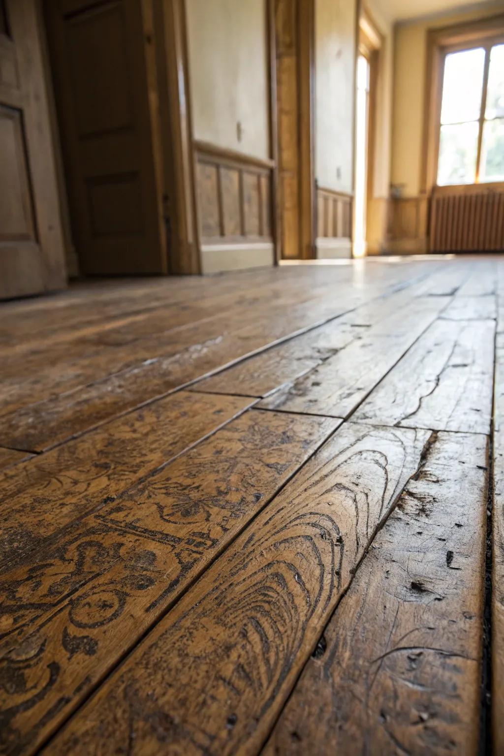Embrace timeless elegance with distressed plywood floors that tell a story of craftsmanship and age.