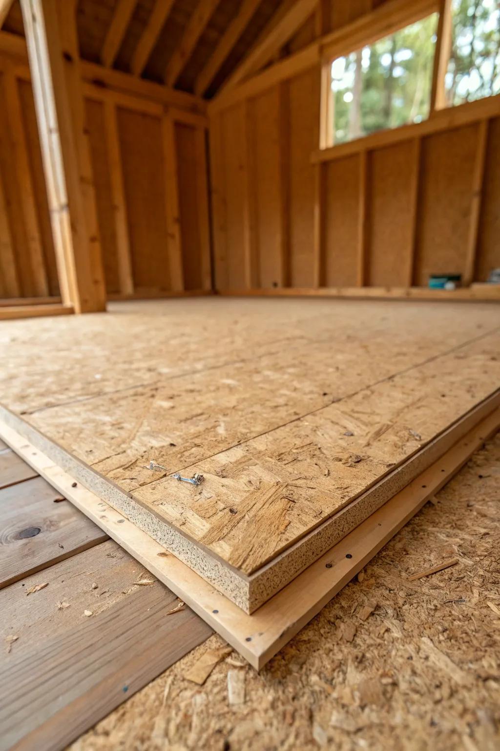 Elevate your shed's comfort with a cork-layered plywood floor—where craftsmanship meets coziness.