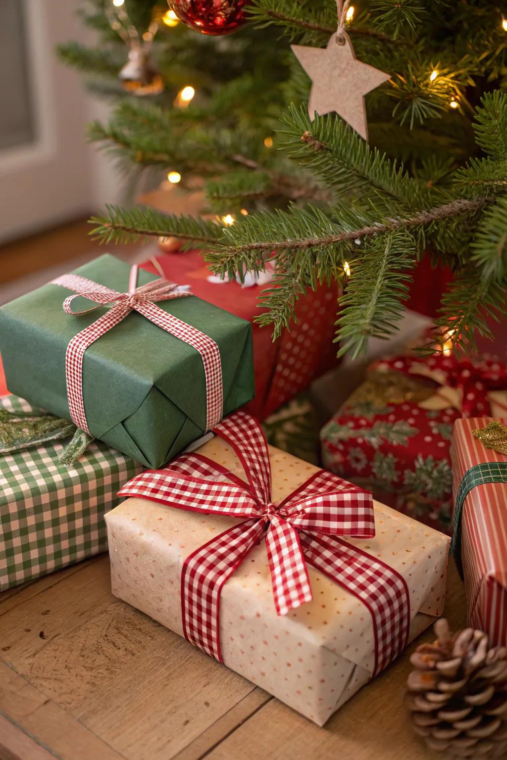 Gingham ribbons add a playful yet classy touch to holiday decor.