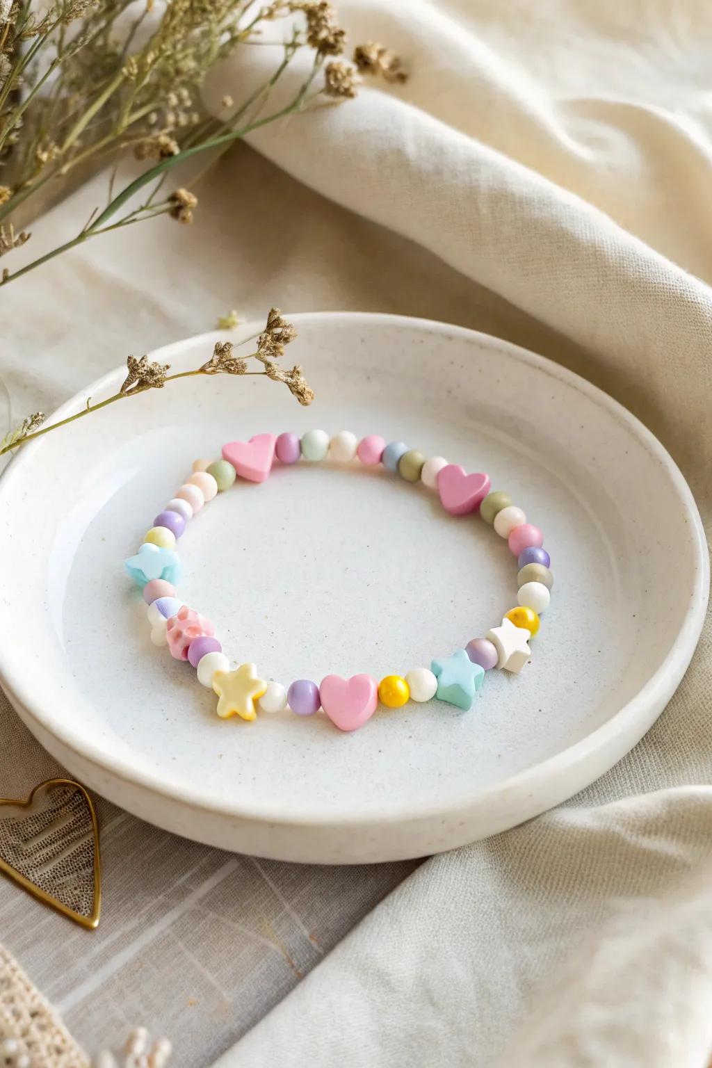 Embrace the charm of whimsical shapes with this preppy clay bead bracelet, perfect for adding a playful touch to your minimalist style.