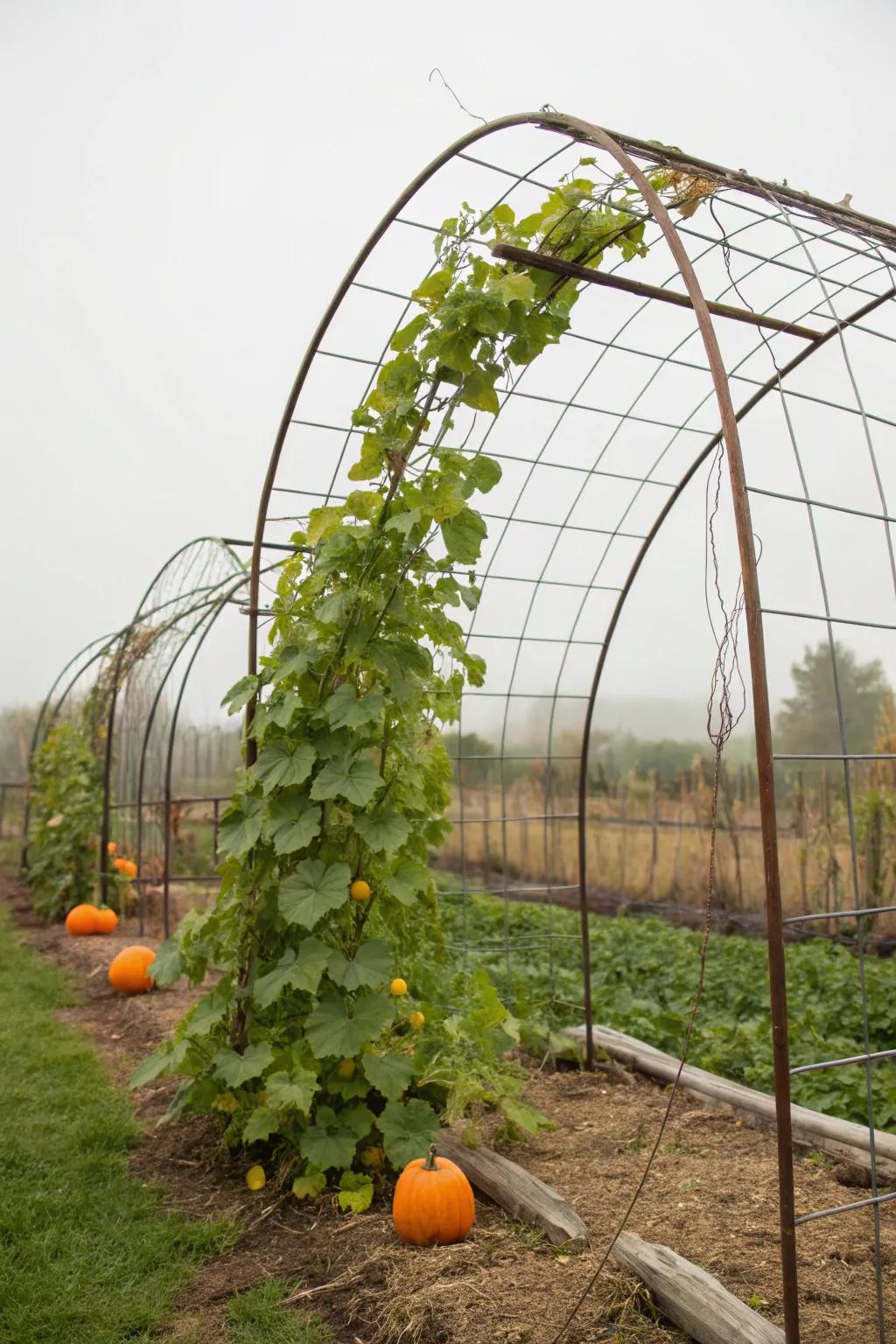 Embrace farmhouse elegance with a hog panel arch for your pumpkin patch.