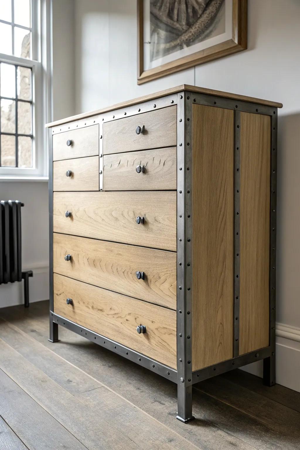 Elevate your space with a touch of industrial elegance—this dresser combines minimalist design with rugged metal accents for a unique, handcrafted look.