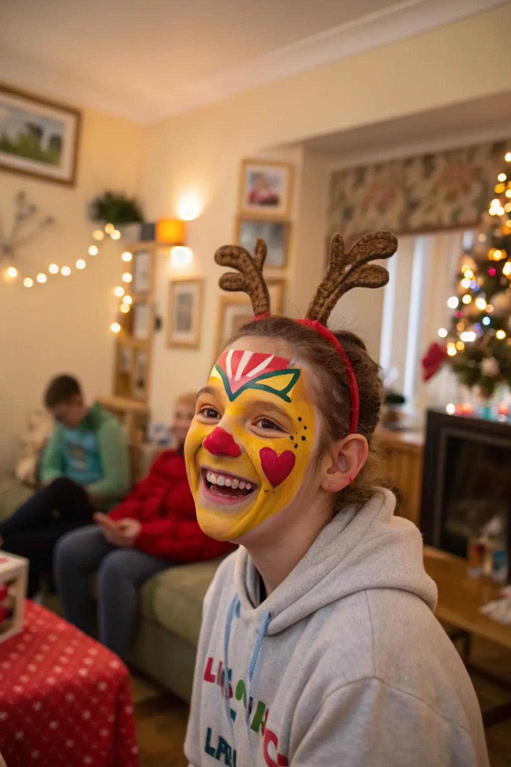 Vibrant colors create a youthful, playful reindeer face paint.