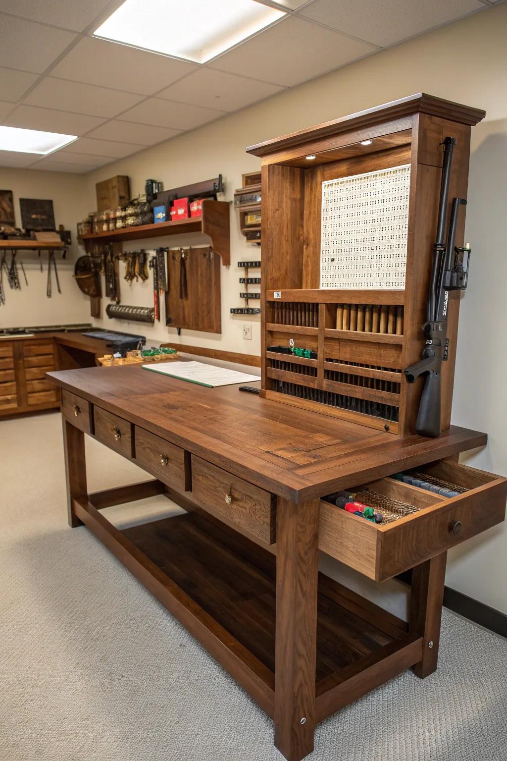 Elevate your craftsmanship: Discover the versatility of adjustable work surfaces in your reloading room.