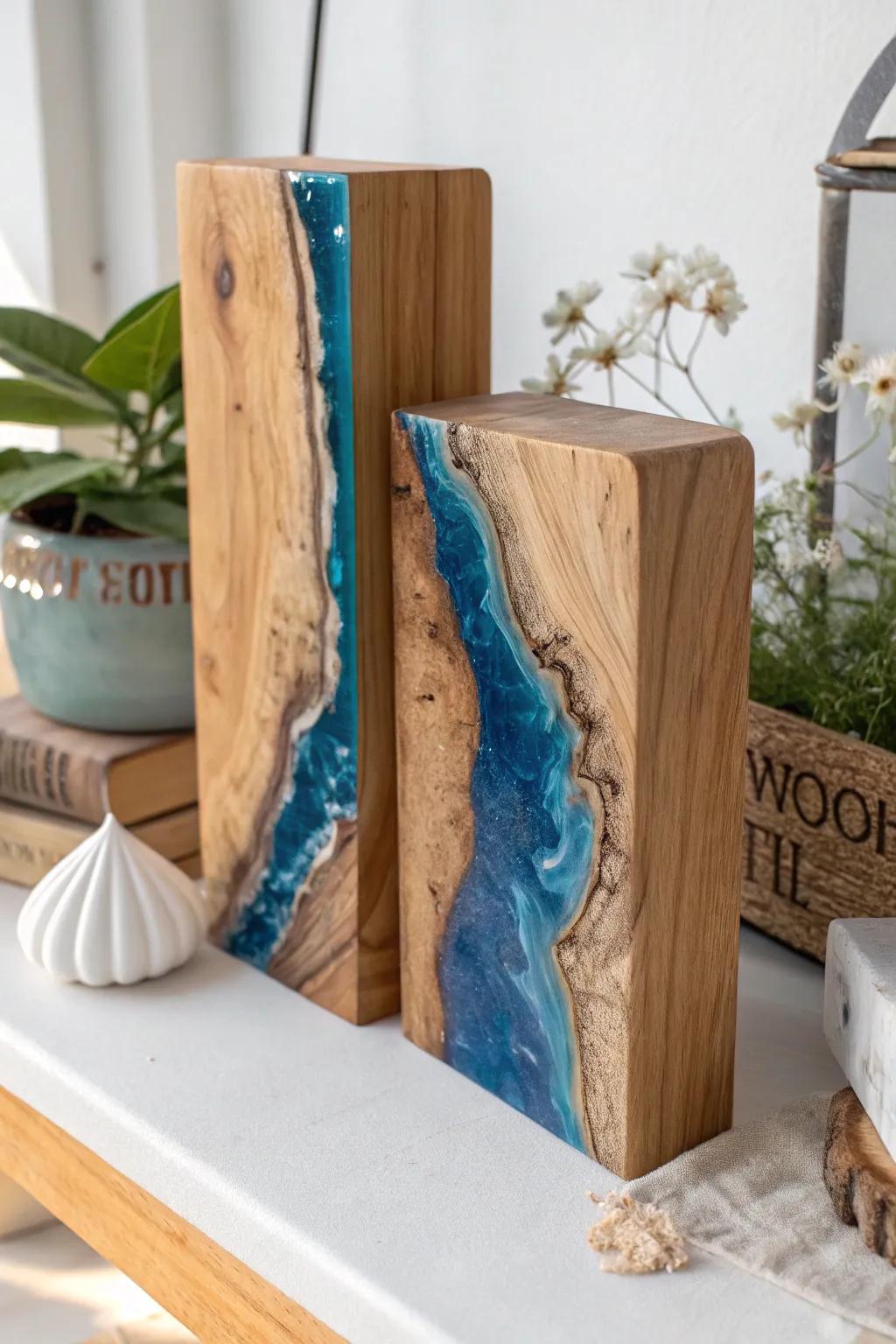 Elevate your bookshelf with these stunning resin and wood bookends, where nature meets artistry.