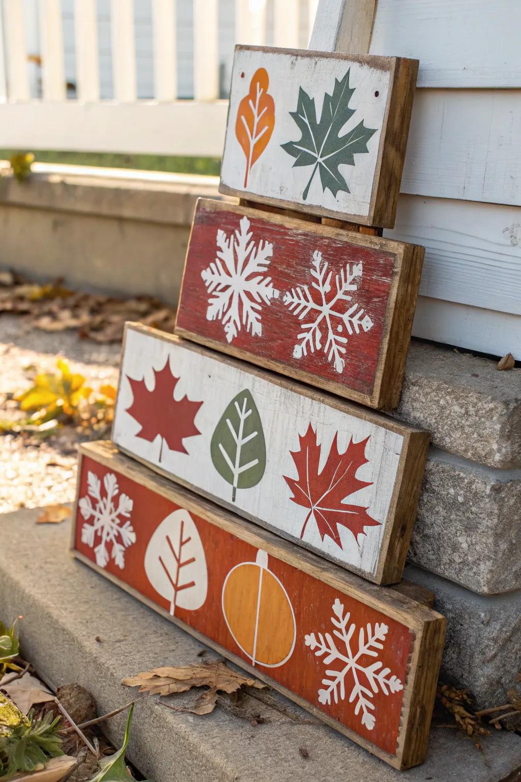 Celebrate the seasons with charming retro-inspired stackable wood signs. Handmade beauty that brings nostalgia to your decor.