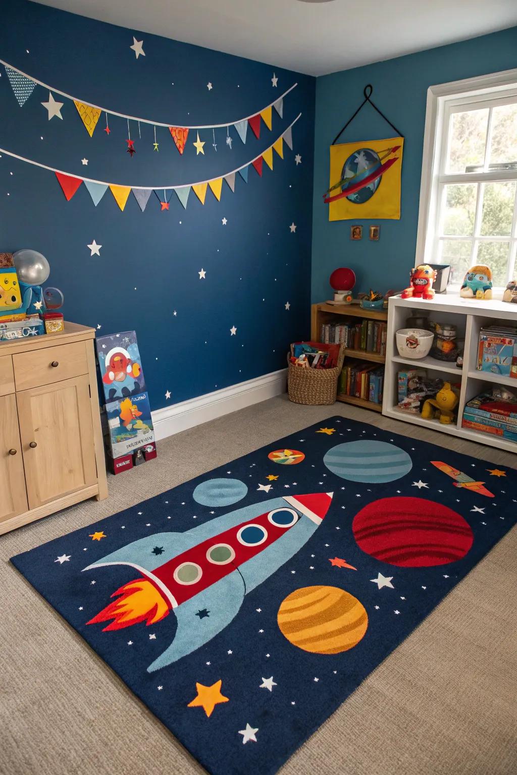 Ground your decor with a playful rocket-themed rug.