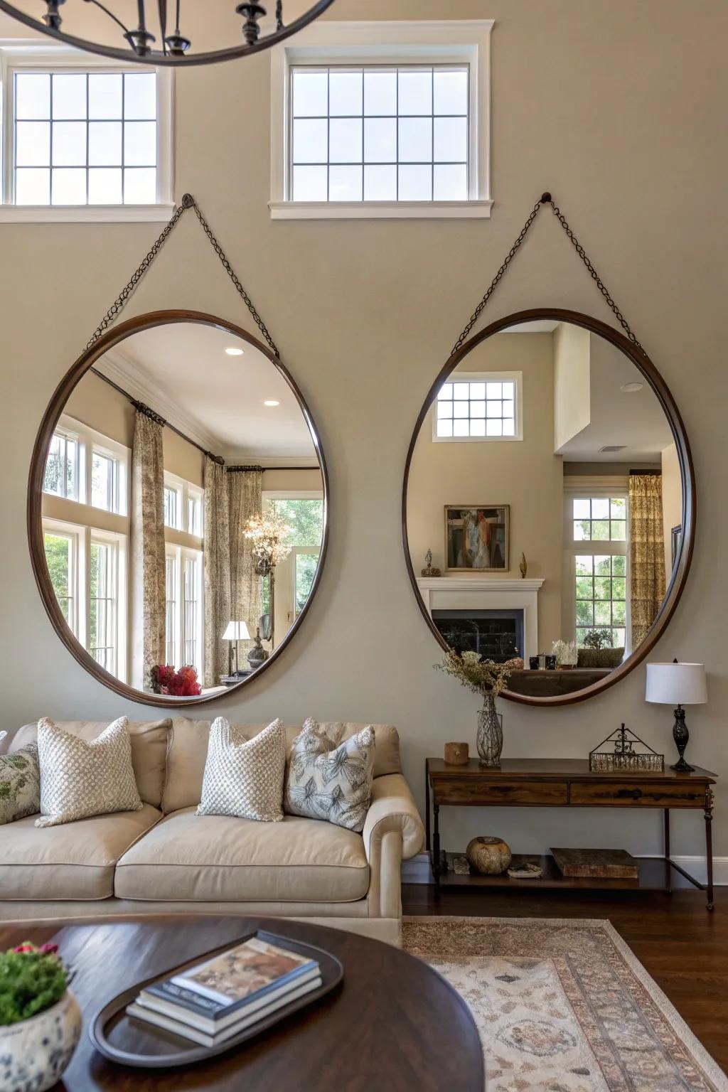 Pair of round mirrors providing symmetry in a large living room.