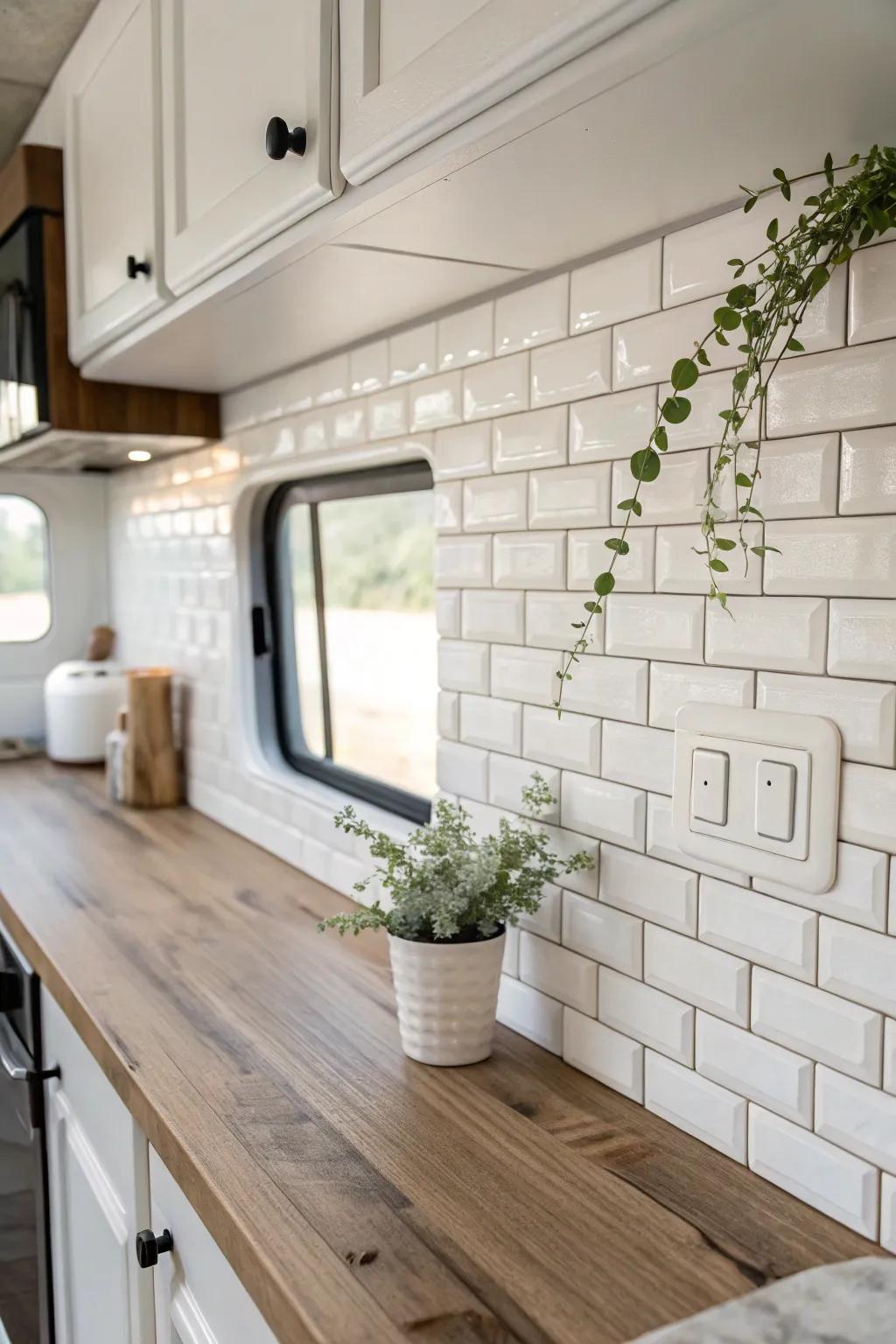 Elevate your RV kitchen with the timeless elegance of a minimalist white brick backsplash. Simple, yet sophisticated.