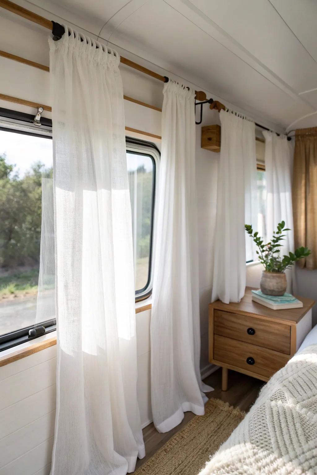 Transform your RV bedroom into a serene retreat with sheer curtains that add elegance and coziness.