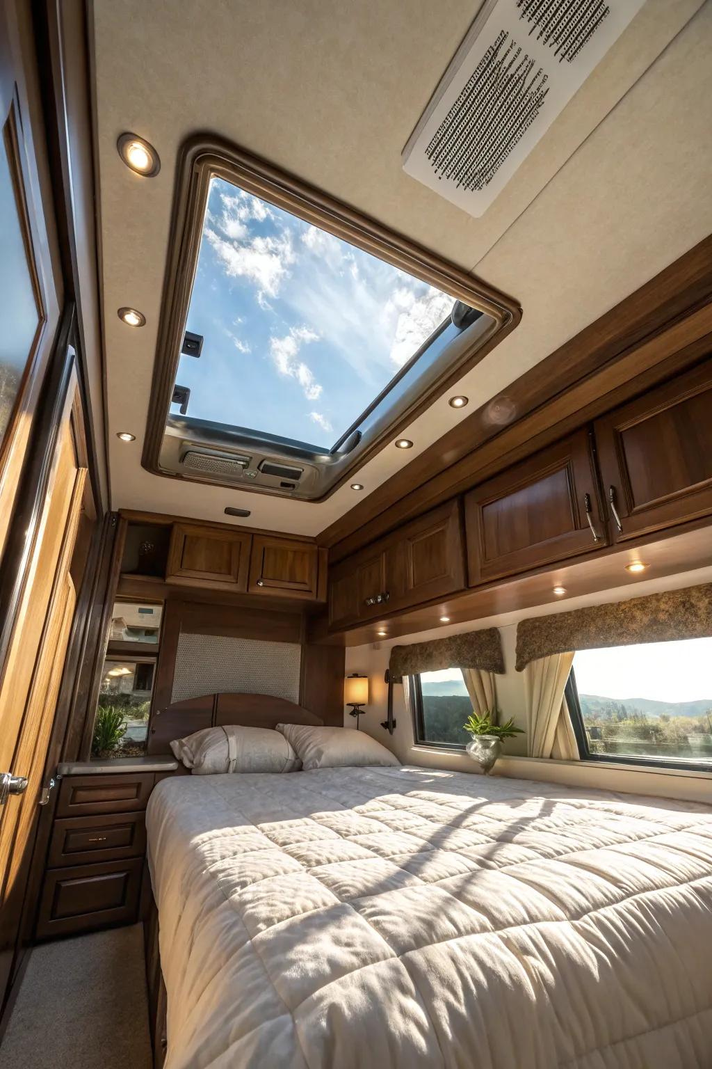 Transform your RV into a serene haven with a stunning skylight for natural illumination and stargazing comfort.