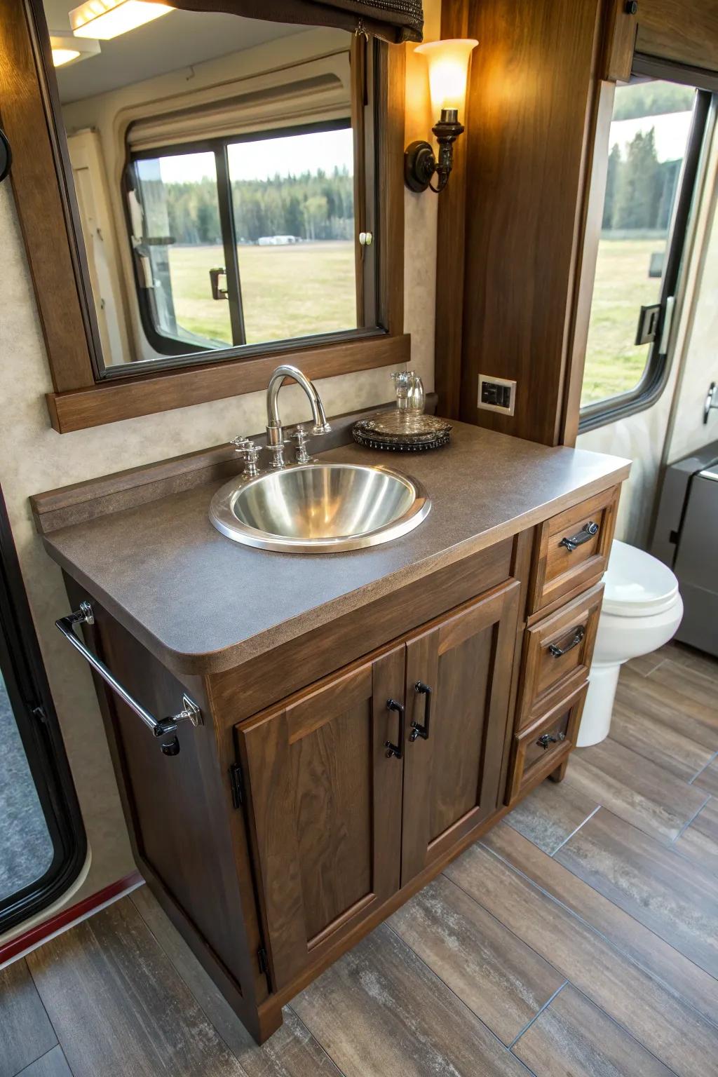 Transform your RV with a touch of modern craftsmanship. #RVUpgrade #VanityGoals