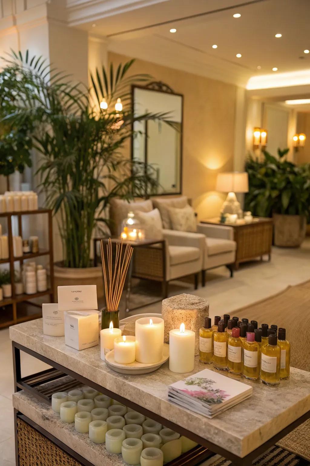 A salon reception area infused with a pleasant scent, creating a warm ambiance.