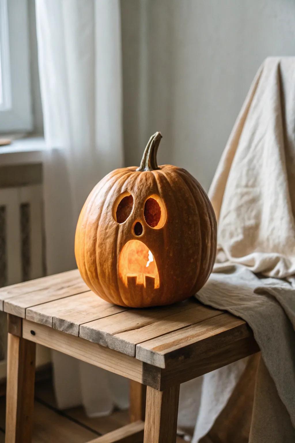 Ethereal Glow: A minimalist ghostly pumpkin carving that's both eerie and enchanting.