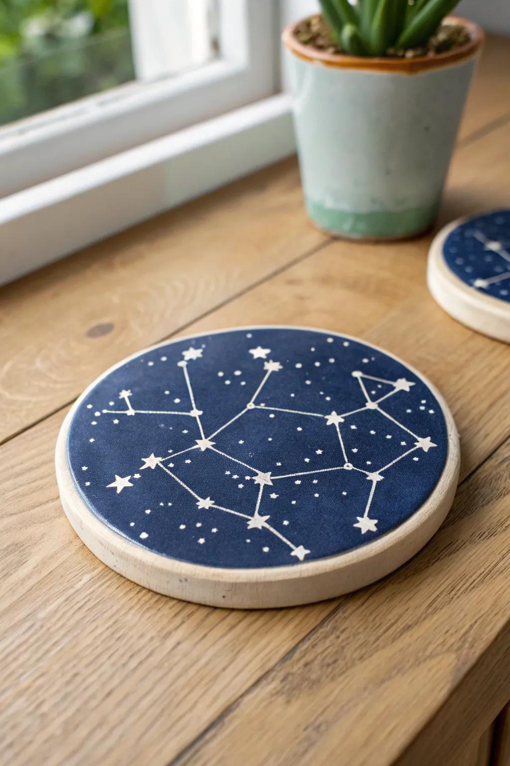 Elevate your coffee table with the celestial charm of handcrafted constellation coasters.