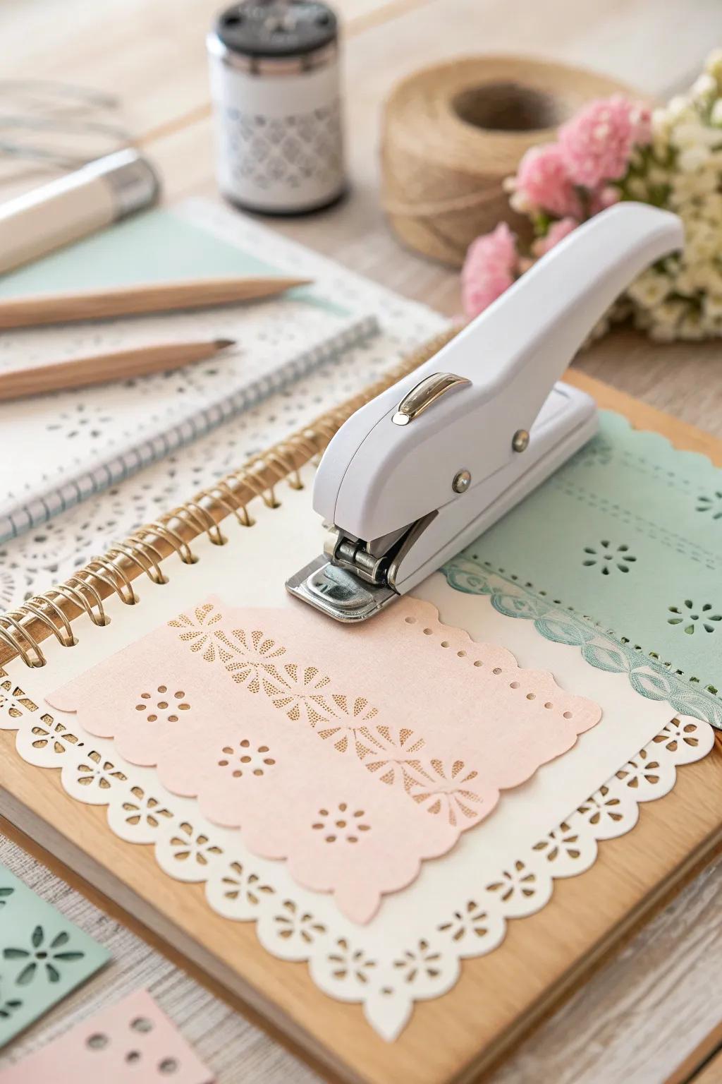 Elevate your scrapbook game with intricate border designs using decorative edge punches. Simplicity meets craftsmanship.