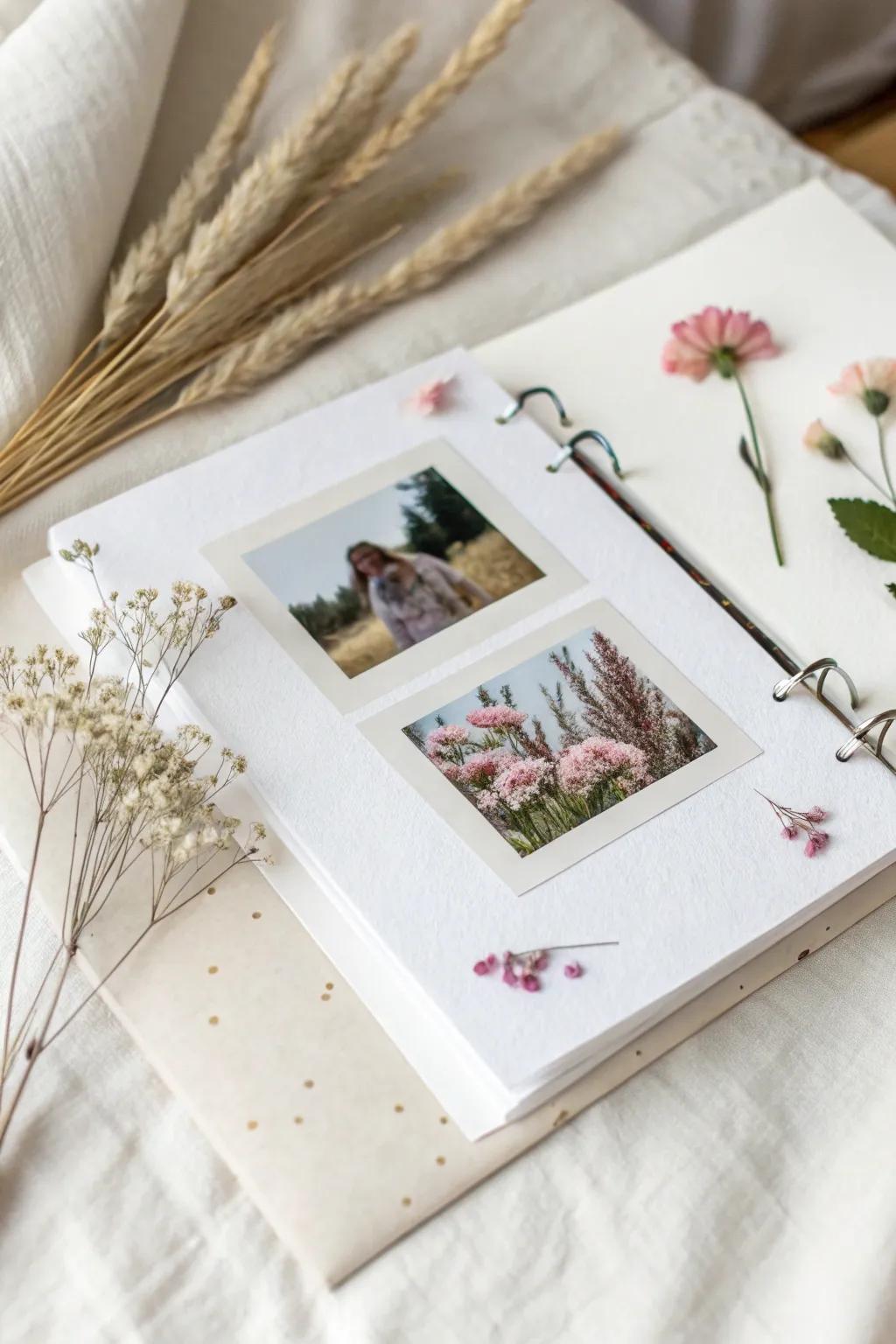 Elevate your scrapbook with overlapping floral elements for a touch of natural elegance.