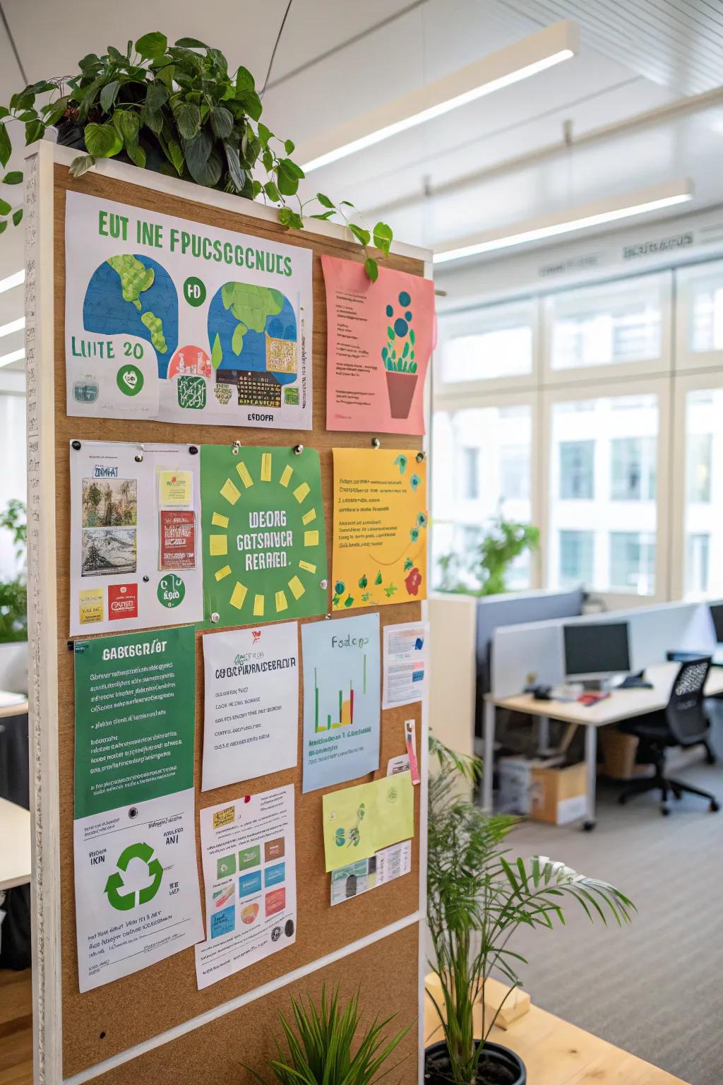 An eco-friendly initiatives board promoting sustainability in the workplace.