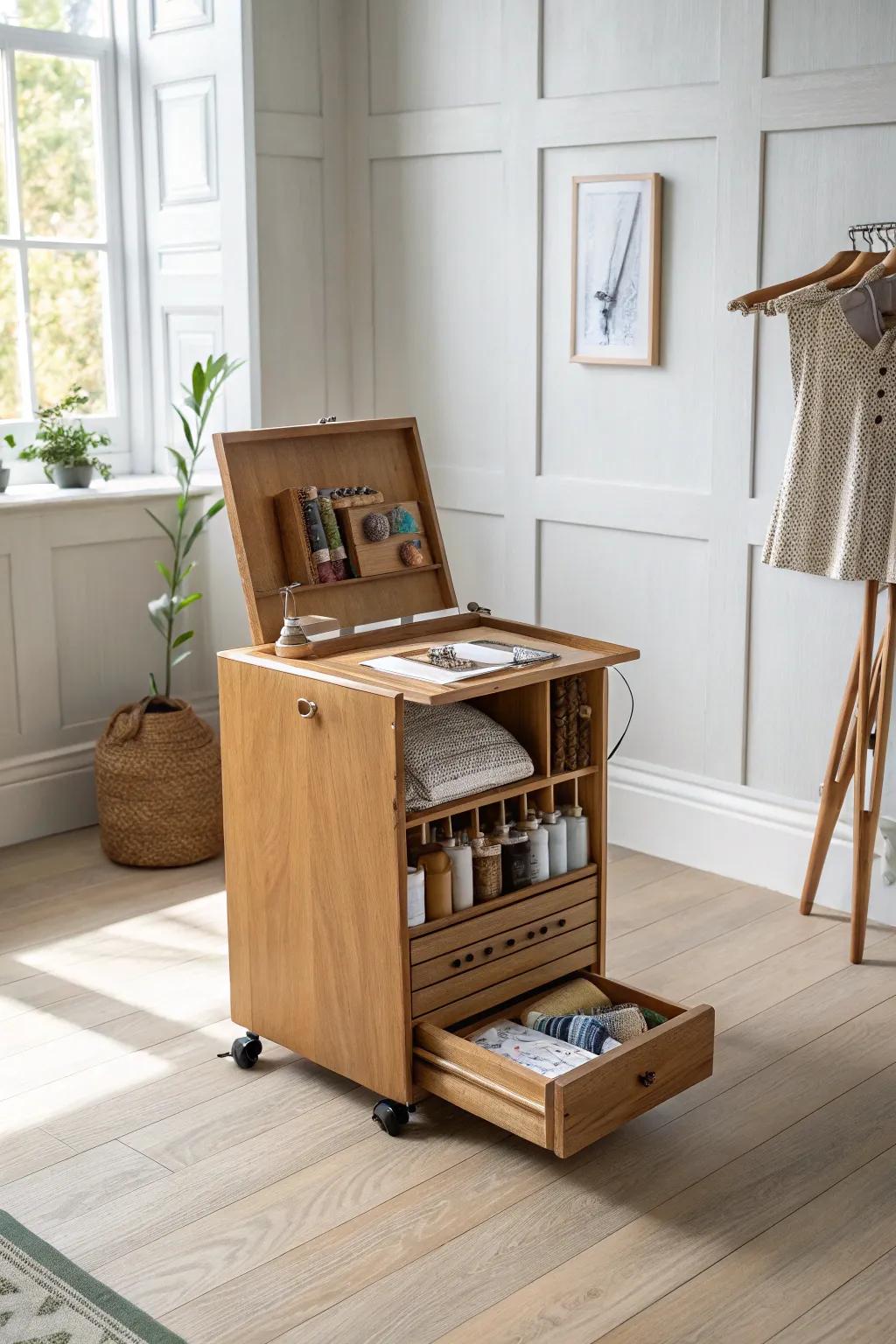 Roll your creativity anywhere with this elegant and versatile sewing station.