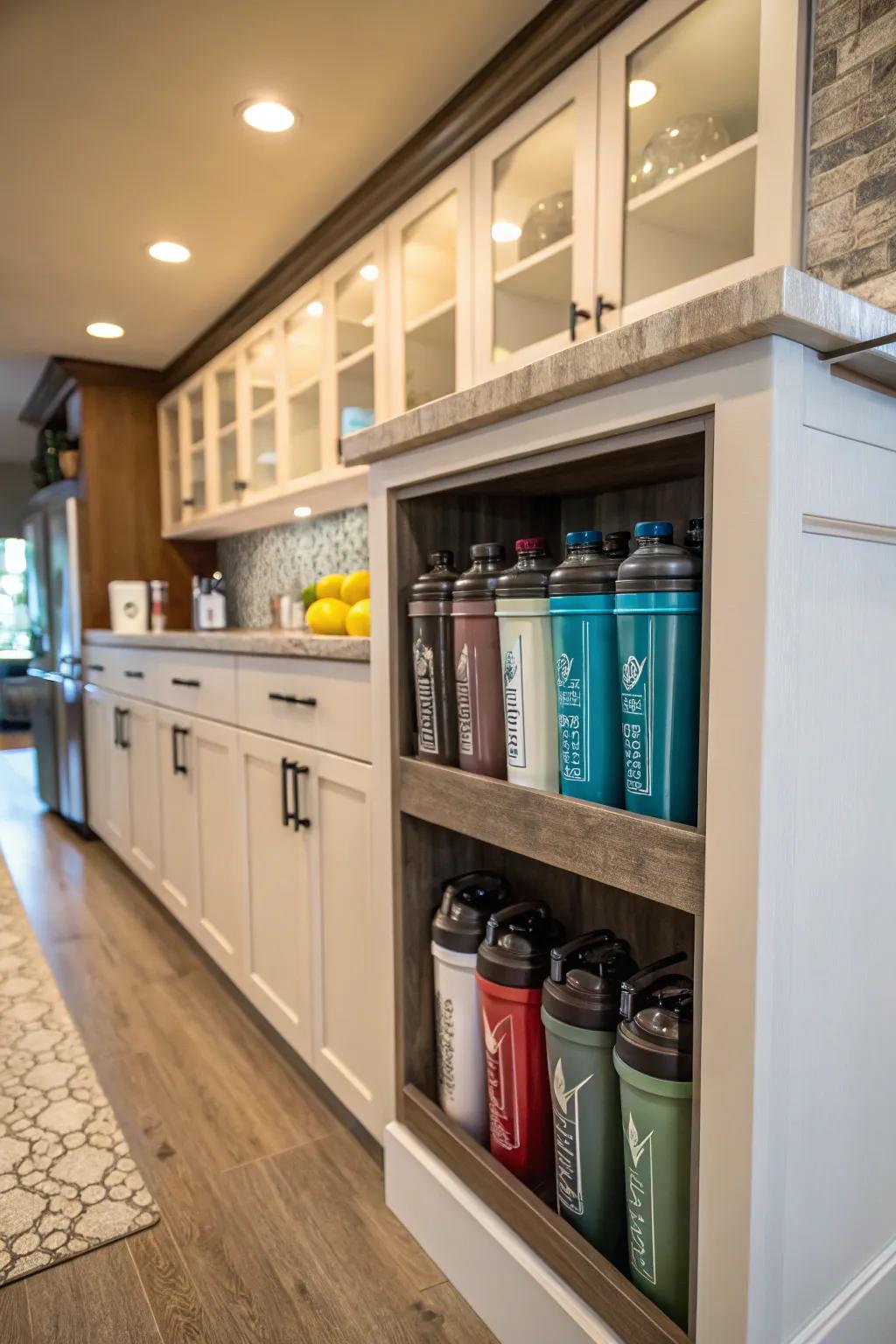 A custom built-in niche provides a tailored storage solution for shaker bottles.