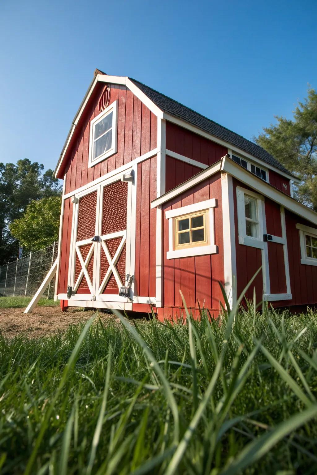 Discover the charm of barnyard bliss with this meticulously crafted barn-style chicken coop.
