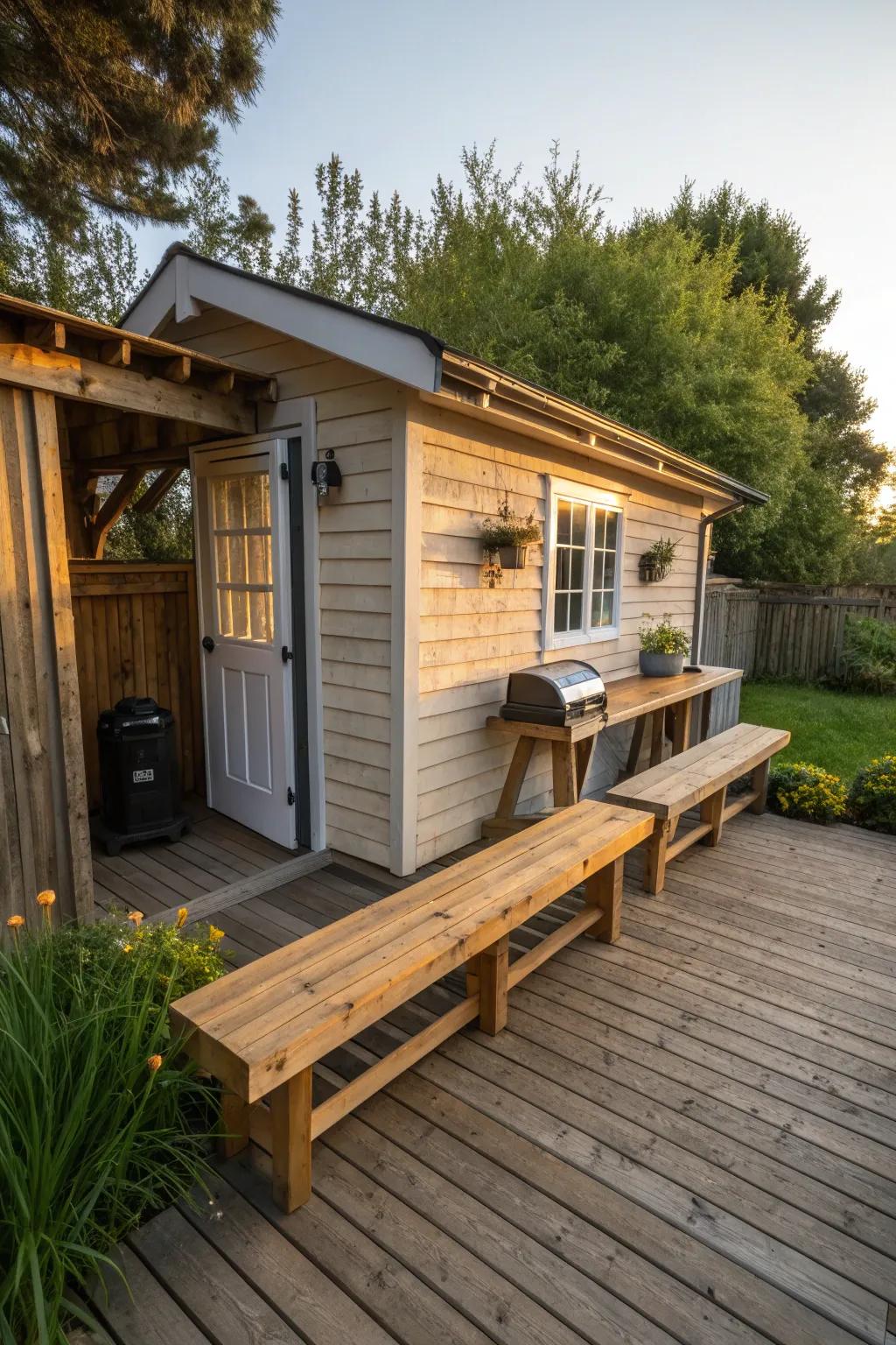 Transform your shed into a social hub with a handcrafted deck, perfect for BBQ nights and outdoor gatherings.