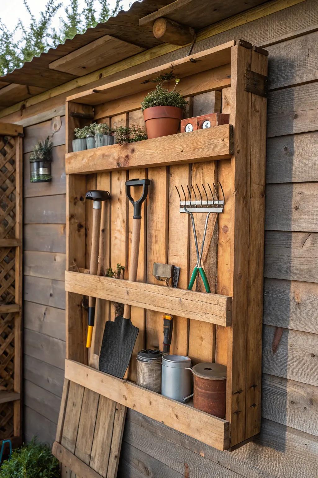 Elevate your shed's style with sustainable pallet shelving – where craftsmanship meets functionality.