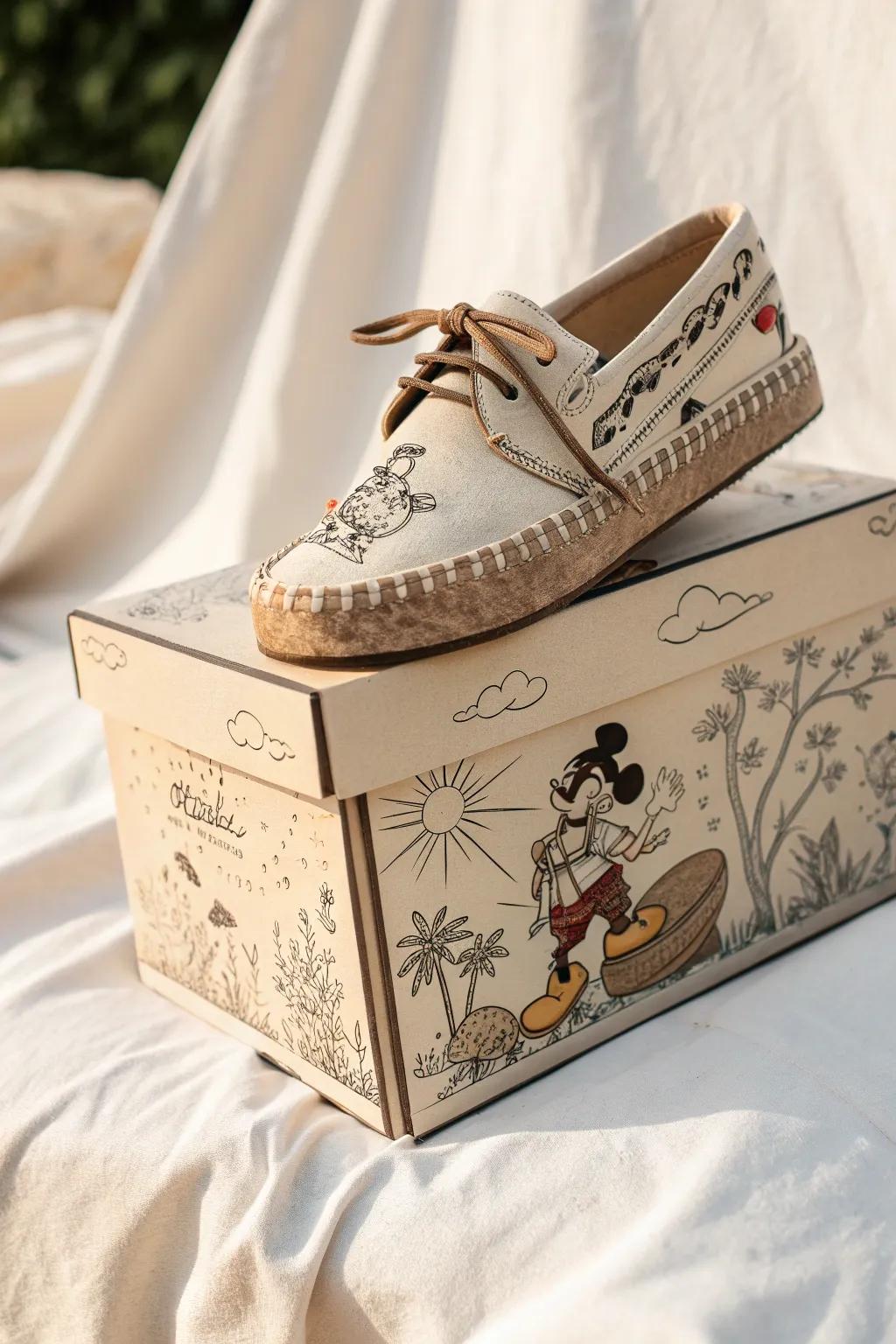 Step into the world of iconic charm with a shoe box that floats into your imagination.