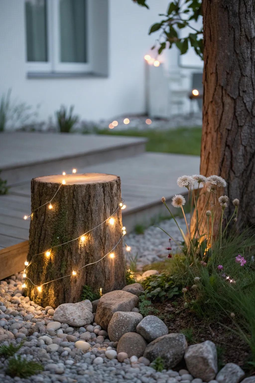 Transform your garden into an enchanting retreat with illuminated tree stumps.