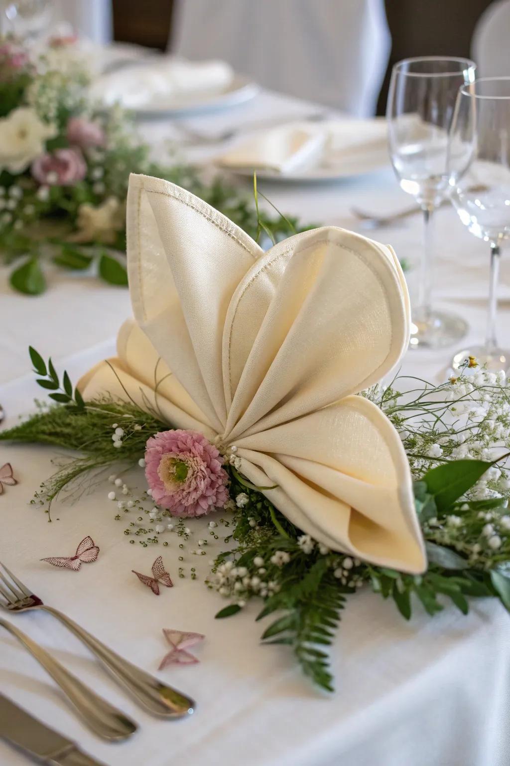 A silk napkin crafted into a butterfly, bringing a whimsical and airy touch to your table.