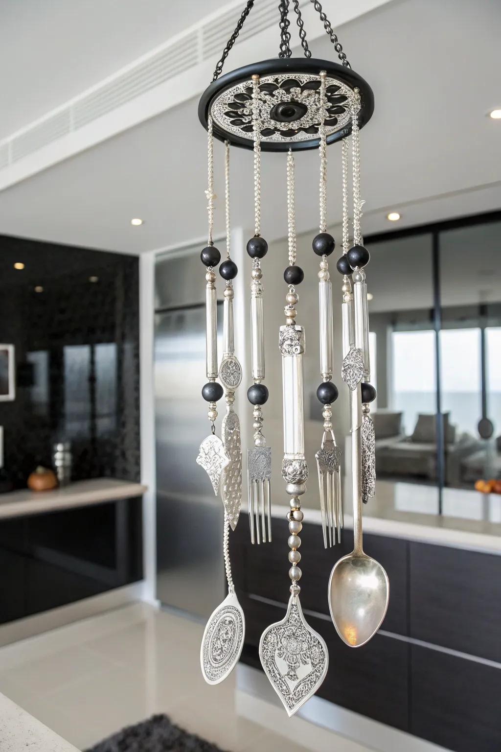 Monochrome elegance in a silverware wind chime.