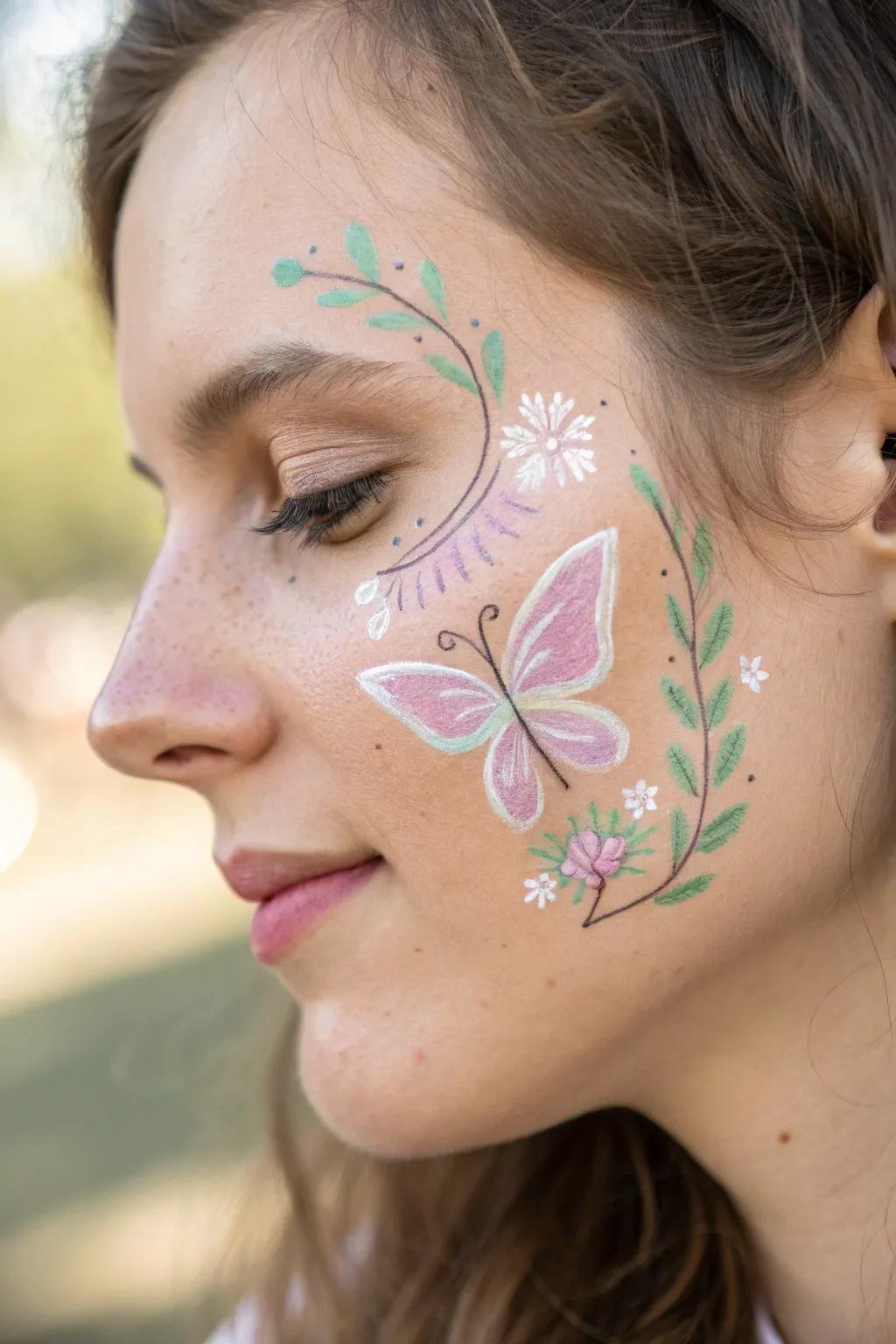Embrace spring with this elegant butterfly face paint adorned with floral accents. A perfect blend of minimalist charm and bohemian vibe.
