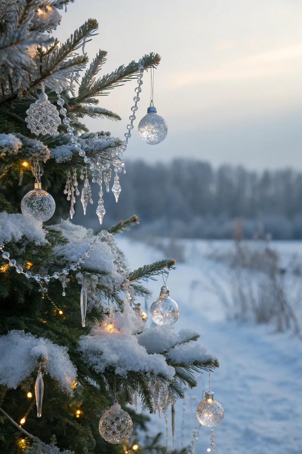 Crystal-like ornaments create a magical frozen wonderland on your Christmas tree.