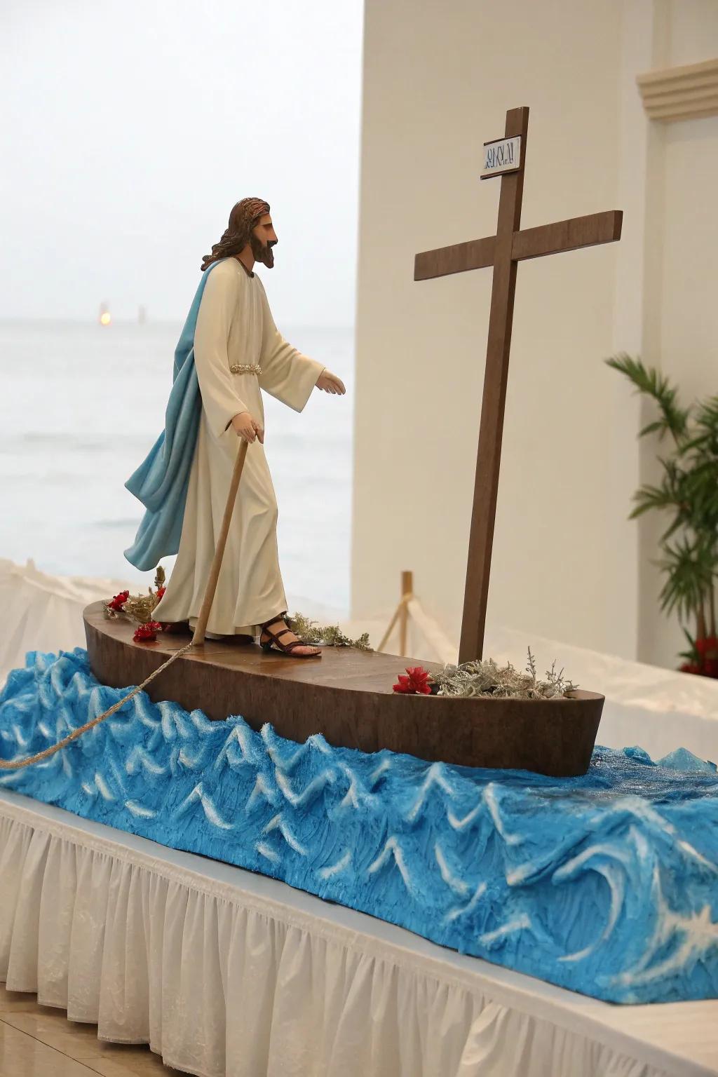 Embrace simplicity and faith with this minimalist church float: Jesus walking on water.