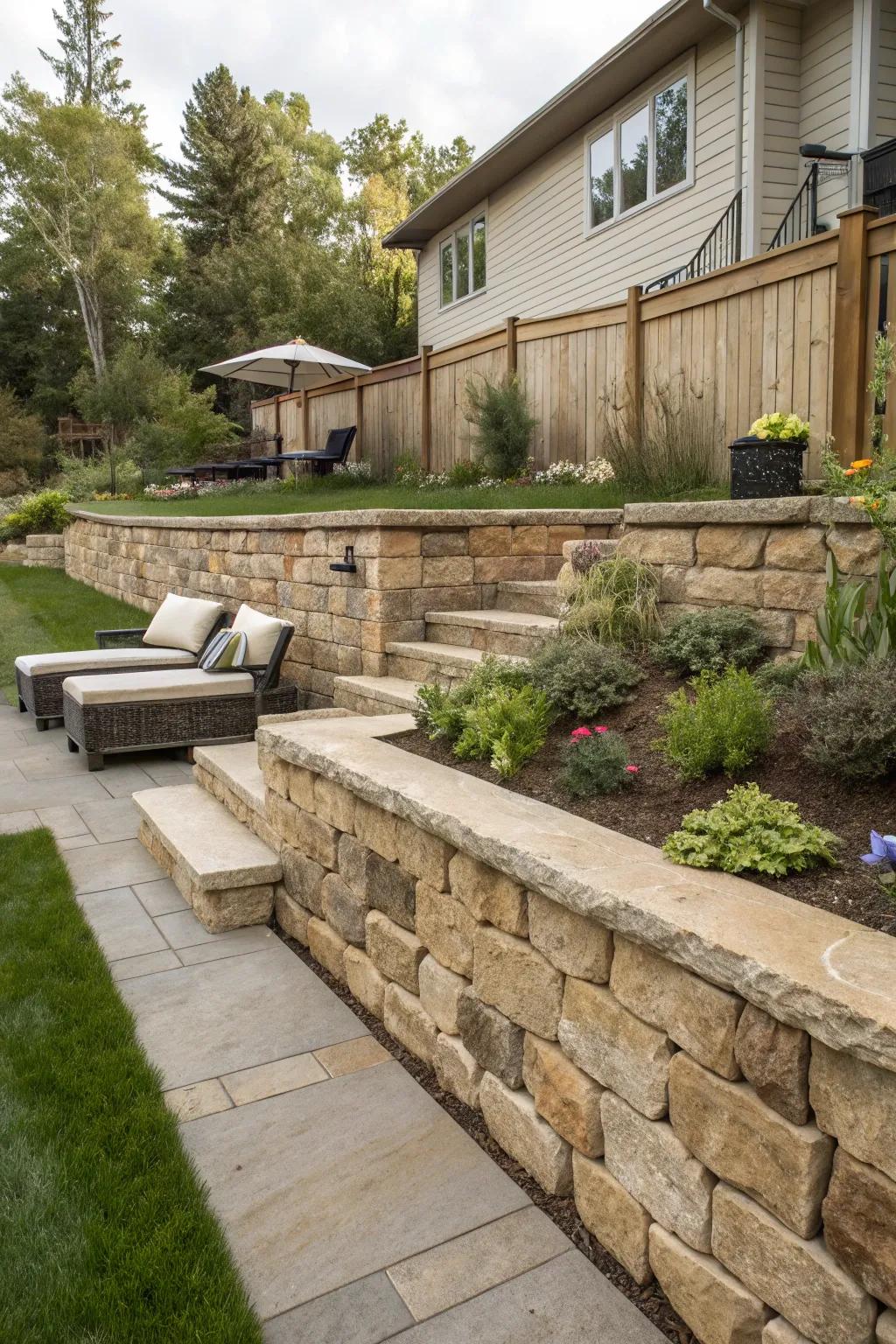 Master the art of defining spaces: a beautifully crafted retaining wall that brings order and elegance to your backyard.