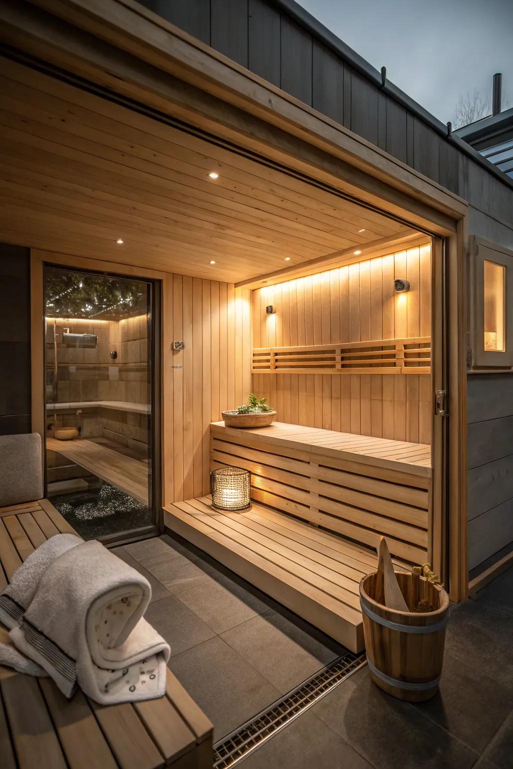 Transform your garage into a haven of tranquility with a custom-built sauna retreat.