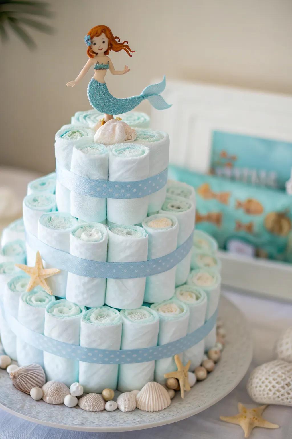 Dive into an oceanic adventure with this whimsical diaper cake, perfect for a touch of under-the-sea magic!