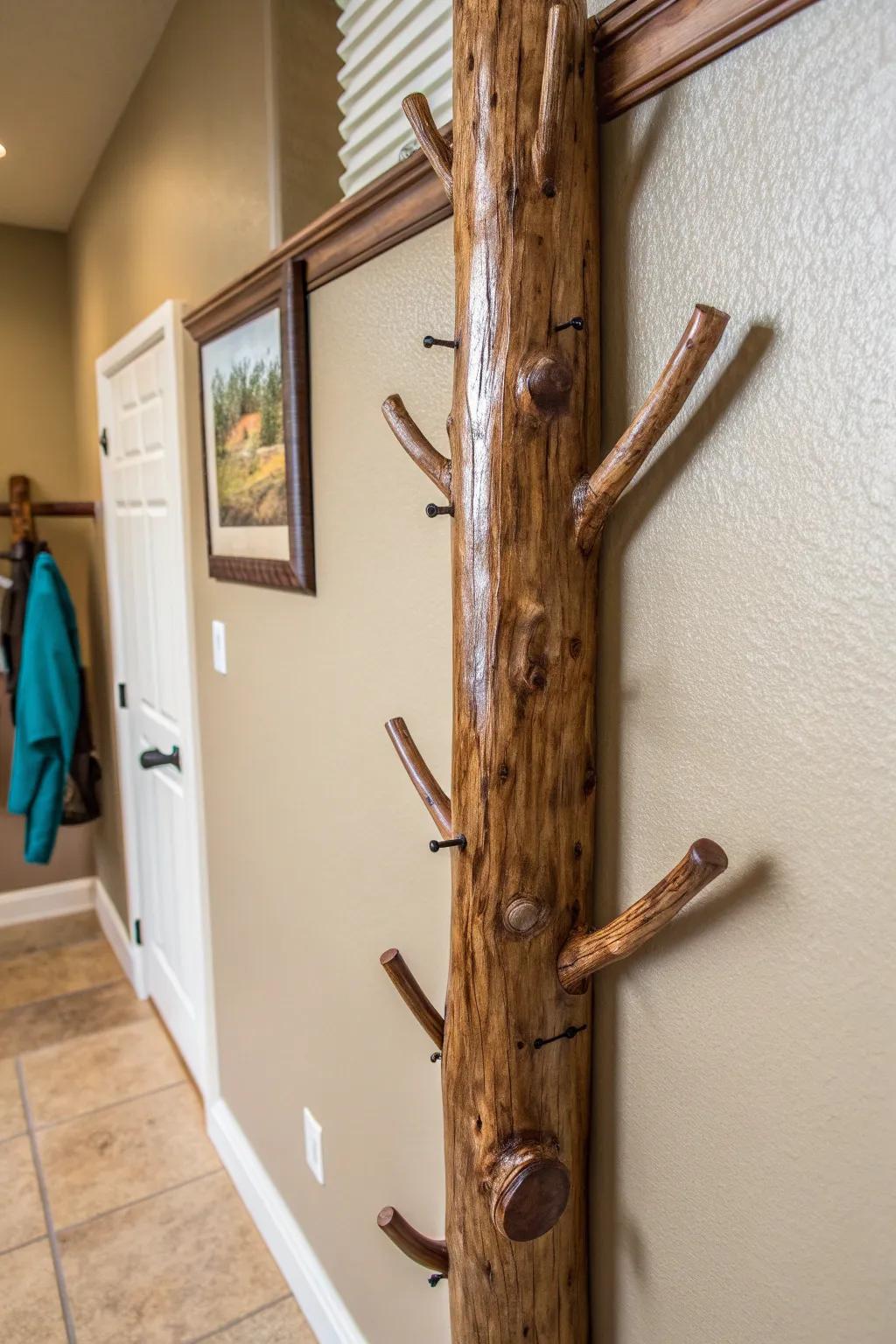 Elevate your entryway with the rustic charm of a handcrafted log coat rack.