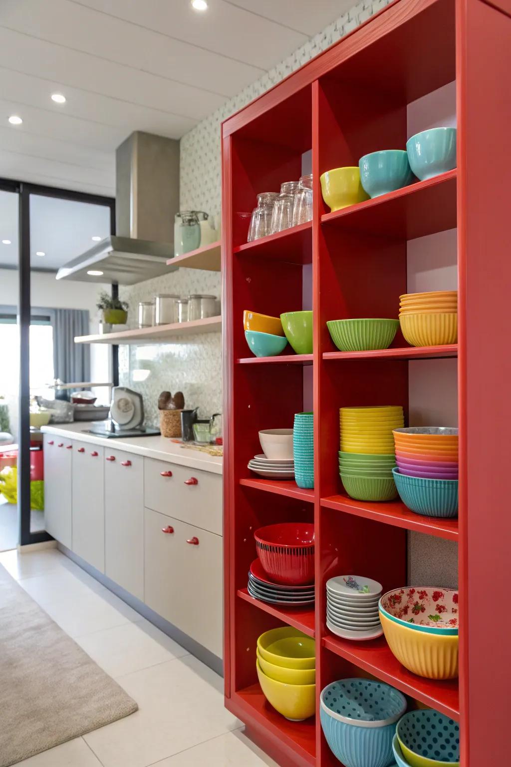 Red open shelving adding both color and functionality.