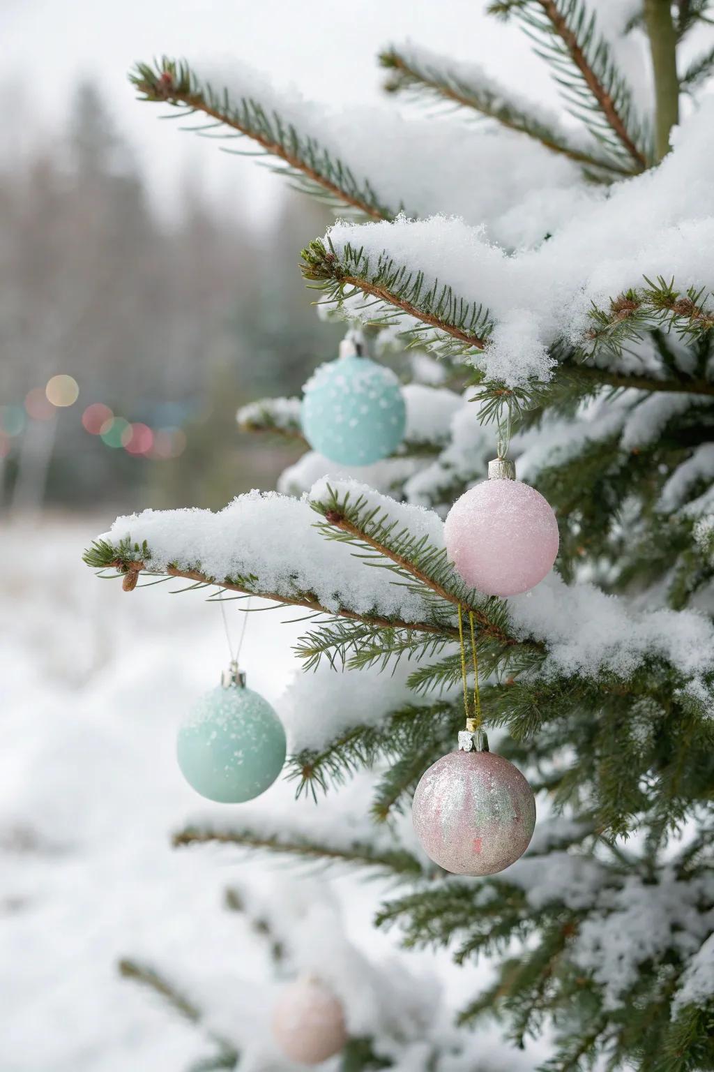 Pastel-colored ornaments adding a whimsical touch to a snowy Christmas tree.