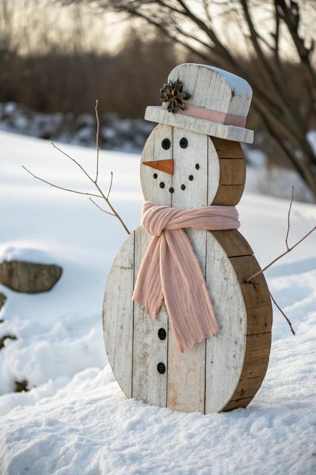 Embrace rustic elegance with this charming reclaimed wood snowman, a perfect blend of minimalist and boho aesthetics.