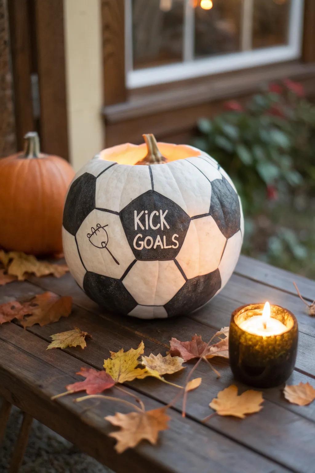 Score big with this creatively carved soccer ball pumpkin, complete with a personalized message to light up your autumn nights.