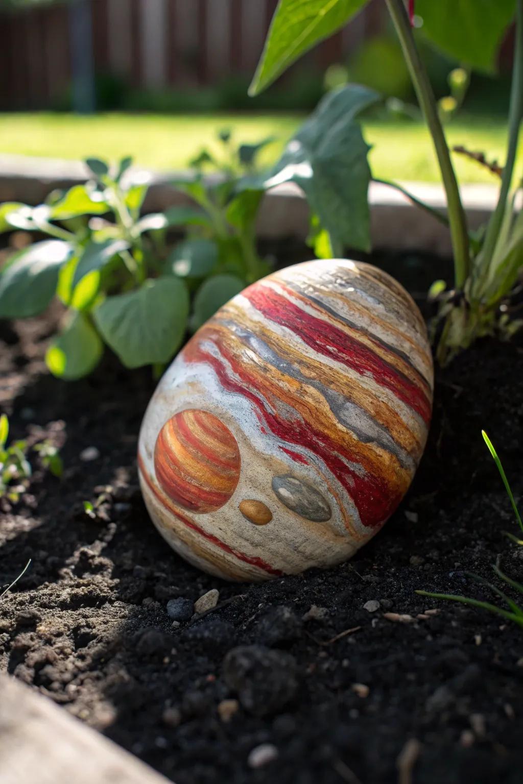 Elevate your garden's charm with a handcrafted planetary rock, capturing the beauty of Jupiter.