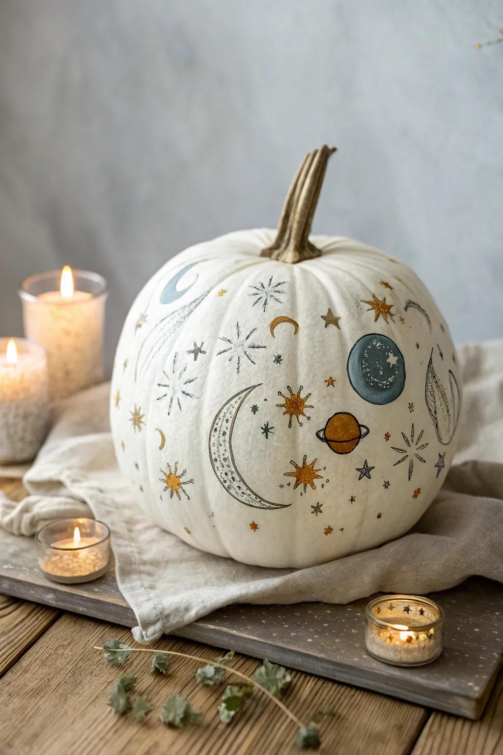 Bring the cosmos to your decor with this stunning celestial pumpkin masterpiece. ✨🌙