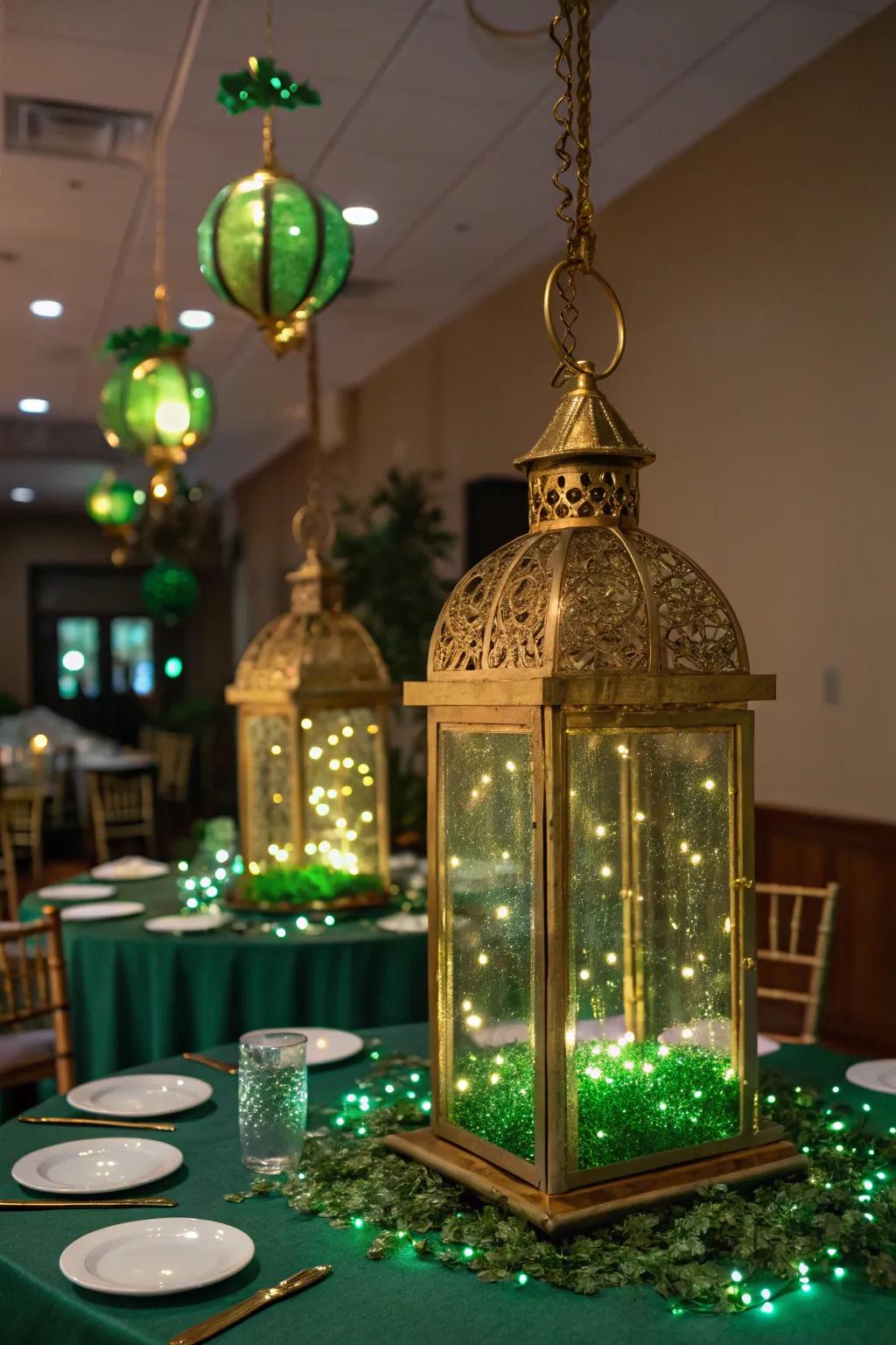 Golden lanterns with fairy lights create an enchanting atmosphere.