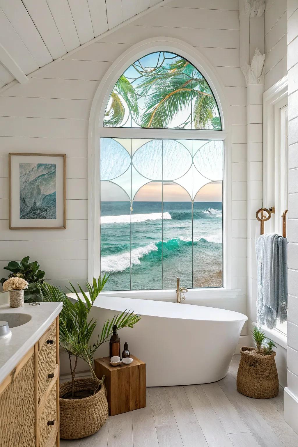 Transform your bathroom into a serene seaside retreat with stunning stained glass designs.
