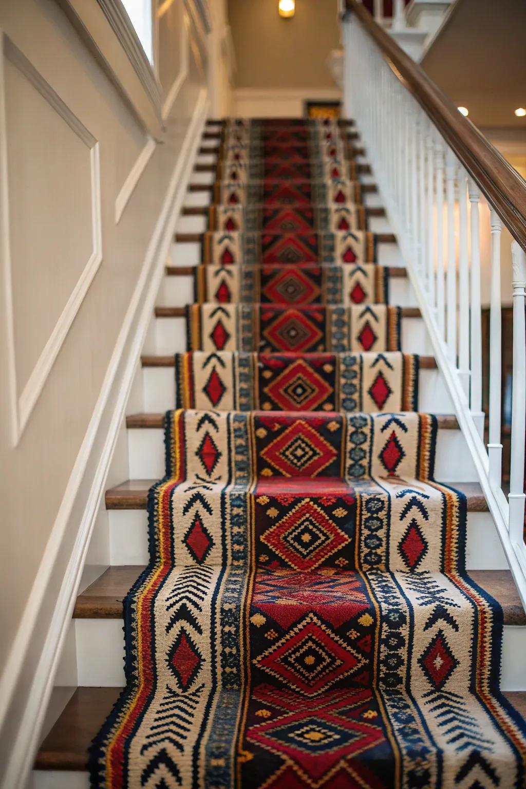 Bold patterns make the staircase a striking focal point.